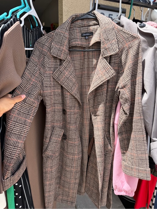 Chocolate Jackets & Blazers - Chocolate Plaid Double-Breasted Trench Coat in Brown and Tan